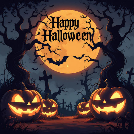 Halloween background with pumpkins and scary trees. Vector illustration.の素材