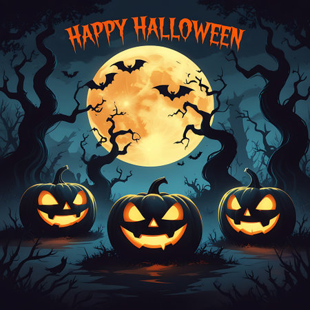 Halloween background with pumpkins, bats and full moon. Vector illustration.の素材