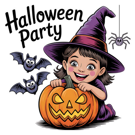 Halloween party invitation with cute girl in witch costume, vector illustration.の素材