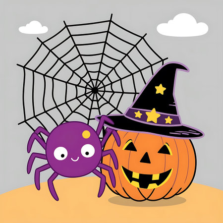 Halloween pumpkin with spider and cobweb vector illustration eps10の素材