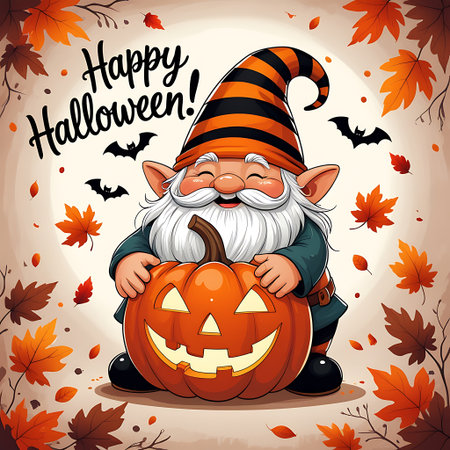 Halloween greeting card with gnome and pumpkin. Vector illustration.の素材