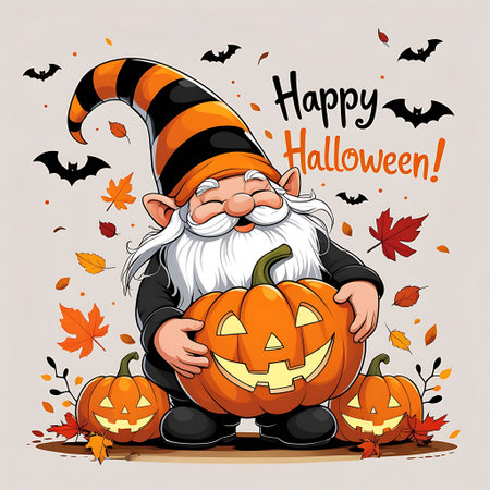 Vector illustration of a happy halloween greeting card with funny gnome and pumpkinの素材