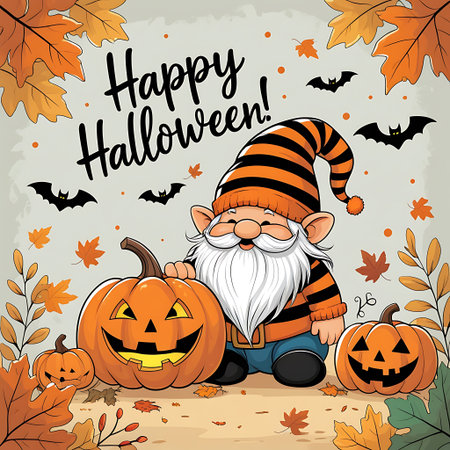 Halloween greeting card with gnome and pumpkin vector illustration graphic designの素材