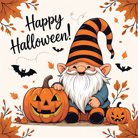 Halloween background with funny gnome and pumpkins. Vector illustration.の素材