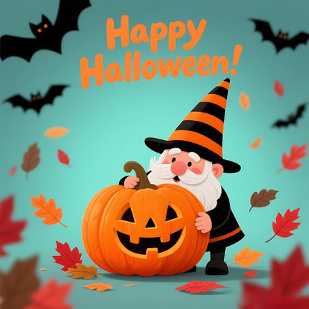 Happy Halloween. Cute cartoon gnome with pumpkin and bats. Vector illustrationの素材