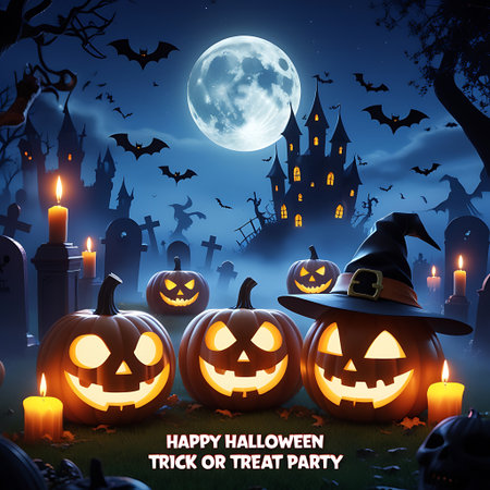 Halloween background with pumpkins, bats and castle. Vector illustration.の素材