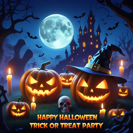 Halloween background with scary pumpkins, bats and castle. Vector illustrationの素材
