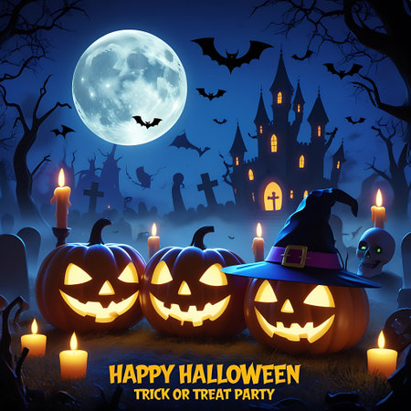 Halloween background with pumpkins, bats and castle. Vector illustrationの素材