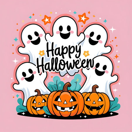 Happy Halloween card with cute ghosts and pumpkins. Vector illustration.の素材