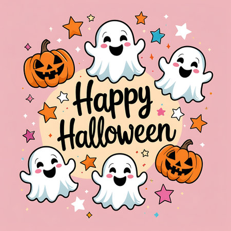 Happy Halloween greeting card with cute ghosts and stars. Vector illustration.の素材
