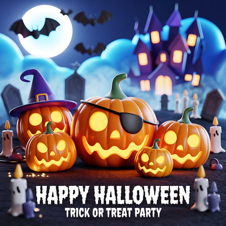 Halloween background with pumpkins and bats. 3d illustration.の素材