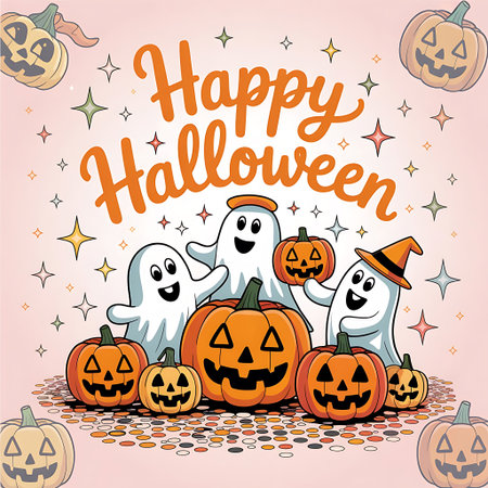 Happy Halloween card with pumpkins and ghosts. Vector Illustration.の素材