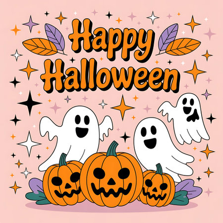 happy halloween card with ghosts and pumpkin vector illustration graphic designの素材