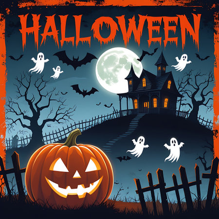 Halloween background with pumpkins, haunted house and bats. Vector illustration.の素材