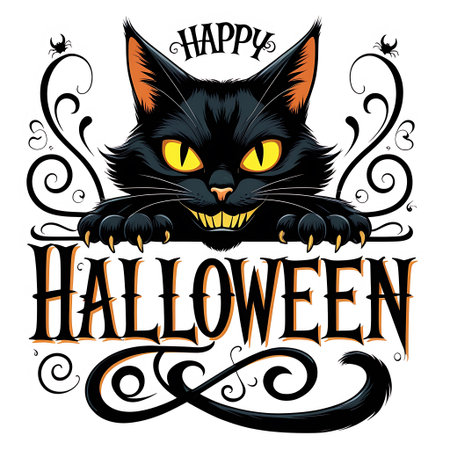 Happy Halloween lettering with black cat. Vector illustration for your designの素材
