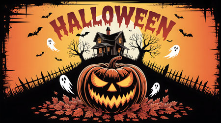 Halloween background with pumpkins and haunted house. Vector illustration.の素材