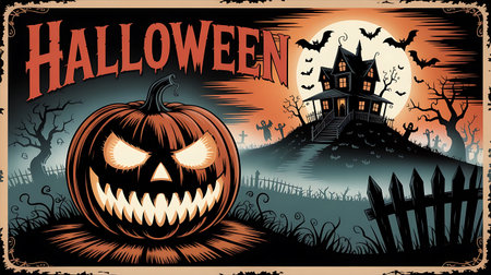 Halloween background with pumpkins, haunted house and cemetery. Vector illustration.の素材