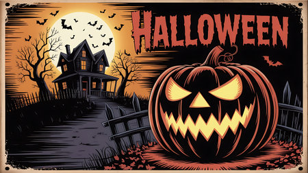 Halloween background with pumpkins and haunted house. Vector illustration.の素材