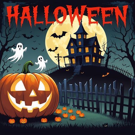 Halloween background with pumpkins, ghosts and haunted house. Vector illustration.の素材