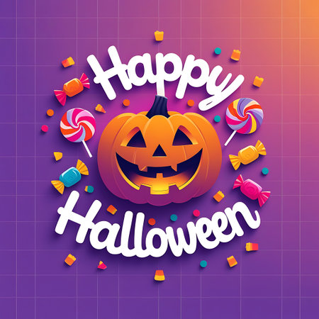 Happy Halloween card with candies and pumpkin on purple background. Vector illustration.の素材