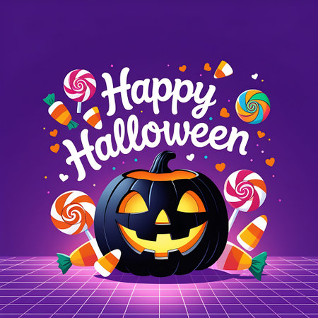Happy Halloween background with candies and pumpkins. Vector illustration.の素材