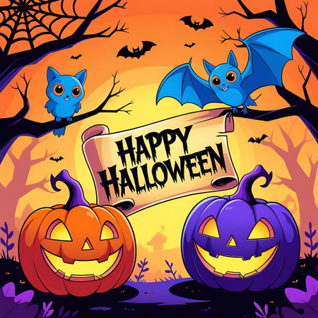 Halloween background with pumpkins, bats and banner. Vector illustration.の素材