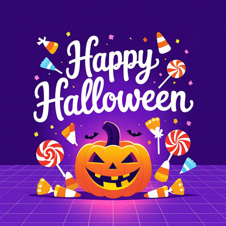Happy Halloween banner design with pumpkin and candies. Vector illustration.の素材