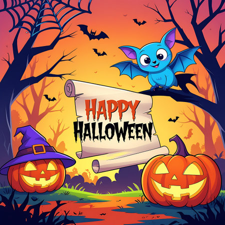 Halloween background with bats, pumpkins and banner. Vector illustration.の素材