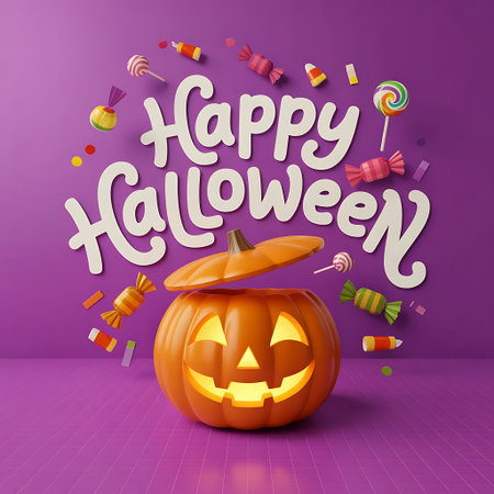 Happy Halloween lettering with halloween pumpkin and candies on purple backgroundの素材