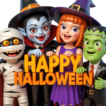 Happy Halloween with group of kids in costumes, 3D illustration.の素材