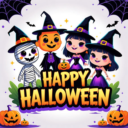 Happy Halloween. Cute cartoon kids in witch costume. Vector illustration.の素材