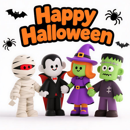 Happy Halloween. Funny cartoon characters in Halloween costumes on white background.の素材