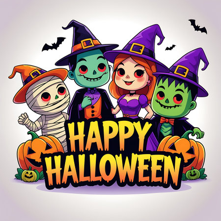 Happy halloween greeting card with cute cartoon characters, vector illustration.の素材