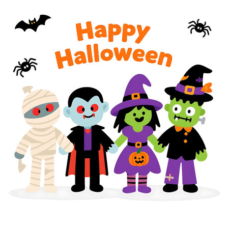 Halloween card with cute kids in Halloween costumes. Vector illustration.の素材