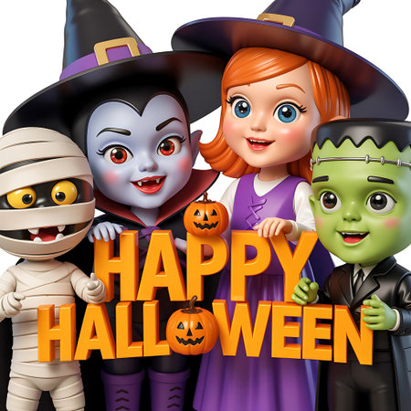 Happy Halloween invitation with group of kids wearing halloween costumes - 3d illustrationの素材