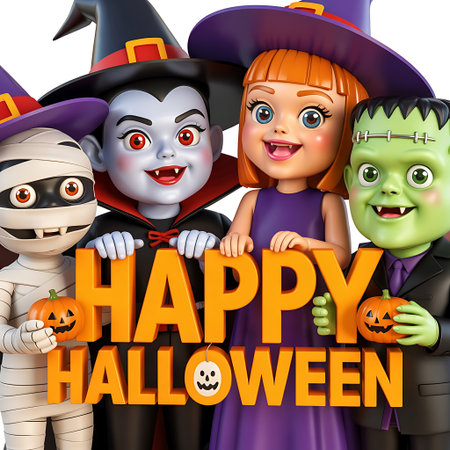 Happy Halloween background with cute kids in halloween costumes. Vector illustration.の素材