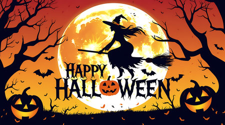Halloween background with witch flying on broomstick. Vector illustration.の素材