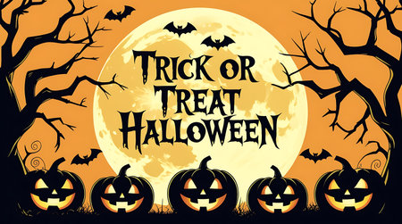 Halloween background with scary pumpkins and bats. Vector illustration.の素材