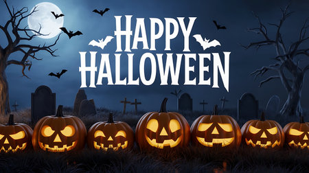 Halloween background with pumpkins and cemetery. 3d illustration.の素材