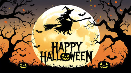 Halloween background with a witch flying on a broomstick. Vector illustration.の素材