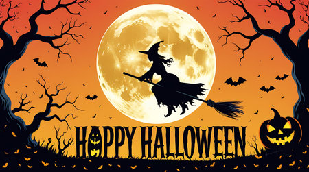 Halloween background with witch flying on broomstick and full moon, vector illustrationの素材
