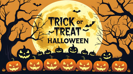 Halloween background with pumpkins and full moon. Vector illustration.の素材