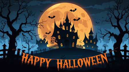 Halloween background with haunted house and full moon. Vector illustration.の素材