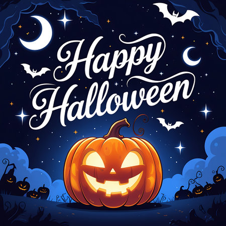 Halloween background with pumpkin, bats and moon. Vector illustration.の素材