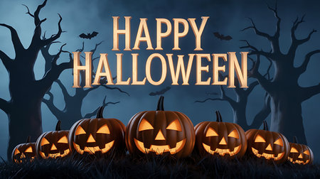 Halloween background with pumpkins, spooky trees and text Happy Halloweenの素材