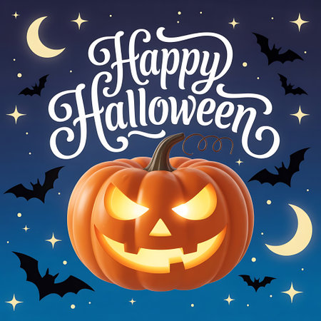 Happy Halloween greeting card with pumpkin and lettering. Vector illustration.の素材