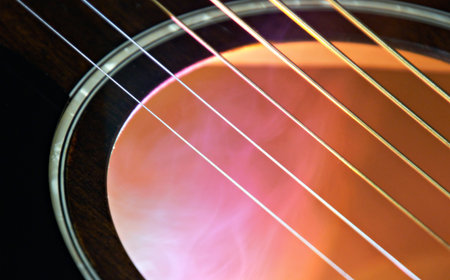 Acoustic guitar with smoke on the fretboard, close-up