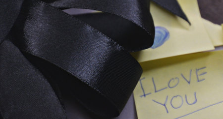 Black ribbon and envelope with text I LOVE YOU, close-up