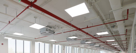 Interior of a modern office building with red and white ceiling lights