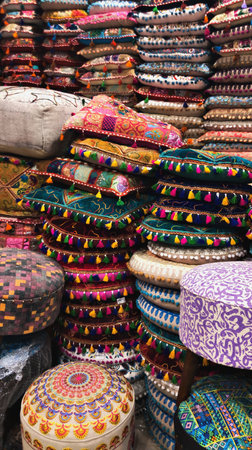 Colorful decorative pillows at a market in Bagan, Myanmar